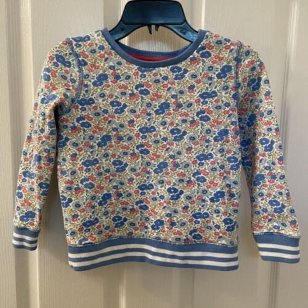Mini Boden Blue Floral Liberty Sweatshirt Striped Ribbing Girls Size 6-7